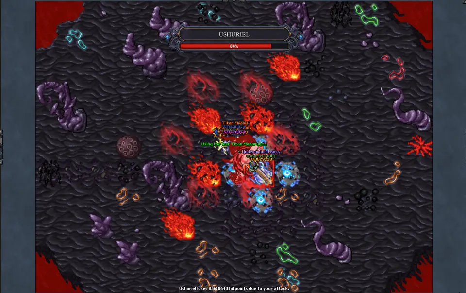 Titan players fighting a boss amid spell effects and skull hazards